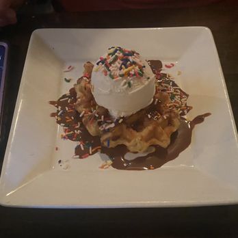 Bosscat Kitchen & Libations - Special waffle, ice cream and chocolate sauce for dessert made for my mom for her birthday - New American Near Me - Houston, Texas