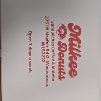 Milkee Donuts - The box is pinkish is the vein of the pink SoCal boxes - Coffee & Tea Near Me - Wauwatosa, Wisconsin Milkee Donuts - The box is pinkish is the vein of the pink SoCal boxes - Coffee & Tea Near Me - Wauwatosa, Wisconsin
