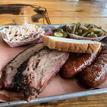 Shotgun Willie's BBQ - Coleslaw, green beans, brisket plate, cheddar type sausage and regular sausage. - Barbeque Near Me - Madison, Tennessee