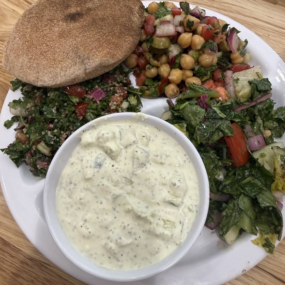 Pick 4: tzatziki, tabouleh, fattoush, and chickpea salad with pita Pick 4: tzatziki, tabouleh, fattoush, and chickpea salad with pita