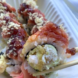 Go Go Roll #13 on the menu ~ Shrimp tempura, cucumber, crab meat, spicy tuna, and avocado