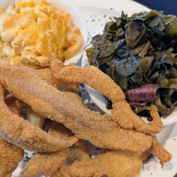 Catfish fingers with collard greens and mac and cheese Catfish fingers with collard greens and mac and cheese