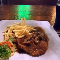 Beer House - Jagerschnitztel with mushroom gravy and French fries with a large glass of coke