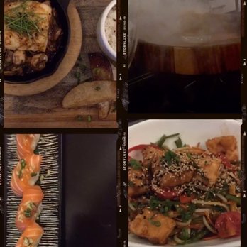 26 Sushi & Tapas - top left to right: miso bass and old fashion  bottom left to right: salmon nigiri and bourbon salmon noodles - Sushi Bars Near Me - Surfside, Florida