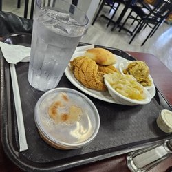 Alma Jean's Southern Kookin - Catfish, Dressing, Cabbage and Peach Cobbler.