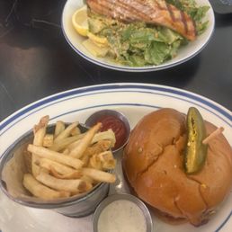 Burger and salmon Caesar Burger and salmon Caesar