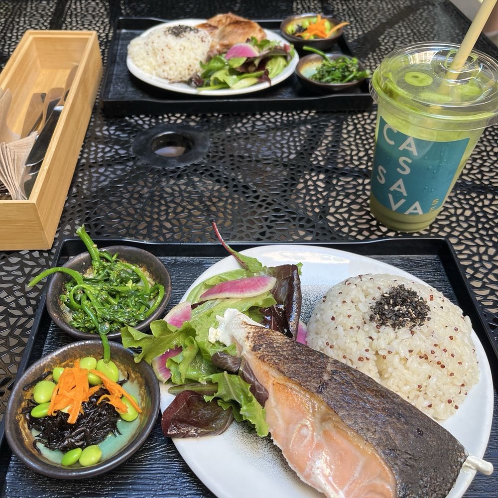 Poached Scottish King Salmon Bento, Sonoma Duck Leg Confit Bento, and Matcha Latte (unsweetened)