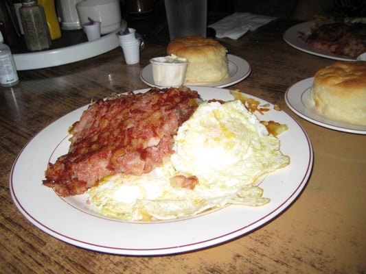 Photo of Wheel Inn Restaurant - Cabazon, CA, US. A delicious breakfast of corned beef hash, hash browns, and eggs