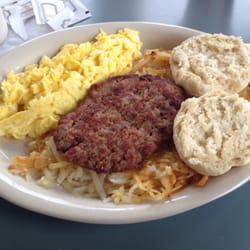 Burger Ranch - Breakfast plate (overcooked eggs and dried out biscuit)