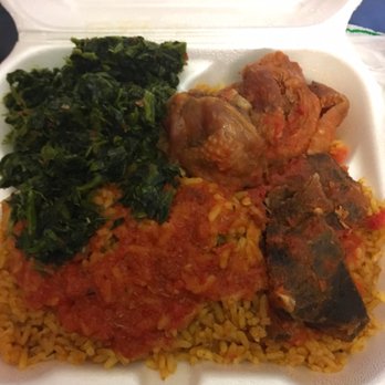 Moji African Restaurant - Jollof rice, mixed meats, spinach. Everything was 5 star flavor - African Near Me - Miami, Florida Moji African Restaurant - Jollof rice, mixed meats, spinach. Everything was 5 star flavor - African Near Me - Miami, Florida
