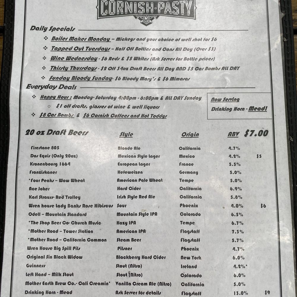 Cornish Pasty Co - Drink menu - British Near Me - Flagstaff, Arizona