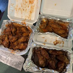 Keg Bar & Grille - WINGS! Clockwise: 12 hot garlic parm, 6 hot schangs, & 6 honey bbq.