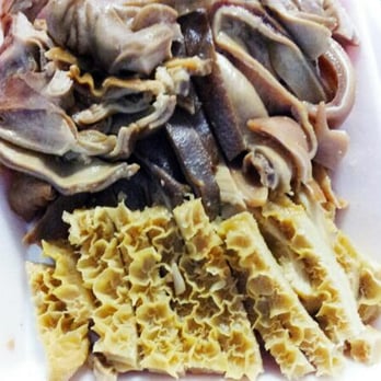 Chun's Meat Market - Combo of honeycomb and blanket beef tripes and pig ears (on the upper right). $7-$8/lb. Cooked in a shoyu and mirin-based sauce. - Barbeque Near Me - Honolulu, Hawaii