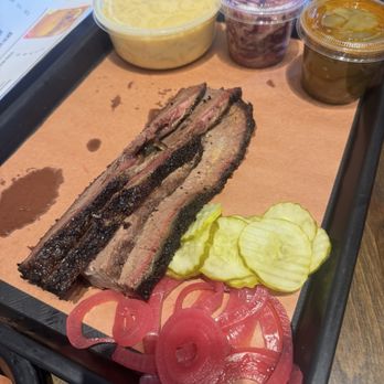 BBQ Station - Brisket plate with pickled onions, pickles, a small side of Mac n cheese, side of ACV slaw and green beans. - Barbeque Near Me - Glendora, California BBQ Station - Brisket plate with pickled onions, pickles, a small side of Mac n cheese, side of ACV slaw and green beans. - Barbeque Near Me - Glendora, California