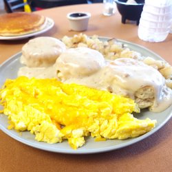 Scrambles Eggs, Biscuits with Sausage Gravy, Potatoes, Pancakes