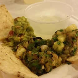 City Kitchen at Reading Terminal Market - 12th St Cantina Demo: L-R Guac, Mild Salsa ( jalapeno ), Hot Salsa ( habanero ). Limeade in cup.