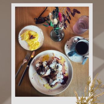 Hatch 44 Cafe - Blueberry Dutch Babies with side of scrambled eggs - Cafes Near Me - Metuchen, New Jersey Hatch 44 Cafe - Blueberry Dutch Babies with side of scrambled eggs - Cafes Near Me - Metuchen, New Jersey