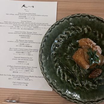 Kenzo Napa - Rice Cracker Crusted Aomori Trout Okakiage, Chives, Whole-Grain Mustard and Egg Yolk Sauce - Sushi Bars Near Me - Napa, California Kenzo Napa - Rice Cracker Crusted Aomori Trout Okakiage, Chives, Whole-Grain Mustard and Egg Yolk Sauce - Sushi Bars Near Me - Napa, California