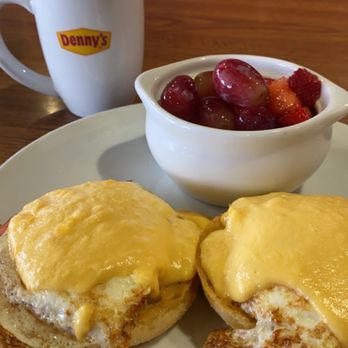 Denny's - Egg Classic Benny Breakfast (without hash brown but fruit instead) - American Near Me - San Diego, California Denny's - Egg Classic Benny Breakfast (without hash brown but fruit instead) - American Near Me - San Diego, California