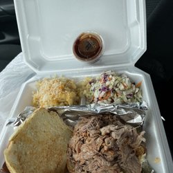 Cigar City Smokers BBQ - Pulled pork sandwich, Mac and cheese, coleslaw, and a side of hot bbq sauce