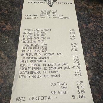 BJ's Restaurant & Brewhouse - Thank You BJs Loyalty program for the discounts 2/2/2026 - New American Near Me - Roseville, California BJ's Restaurant & Brewhouse - Thank You BJs Loyalty program for the discounts 2/2/2026 - New American Near Me - Roseville, California