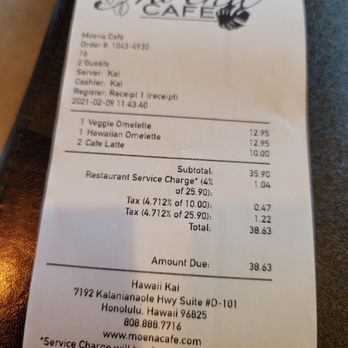 Moena Café - 4 percent included restaurant surcharge? Wtf at least tell people. - Cafes Near Me - Honolulu, Hawaii Moena Café - 4 percent included restaurant surcharge? Wtf at least tell people. - Cafes Near Me - Honolulu, Hawaii