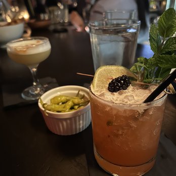 Barbaro - Bar area. Whiskey sour, pickles and peppers, jungle bird. - Pizza Near Me - San Antonio, Texas