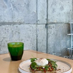 Avocado toast with poached egg, coffee