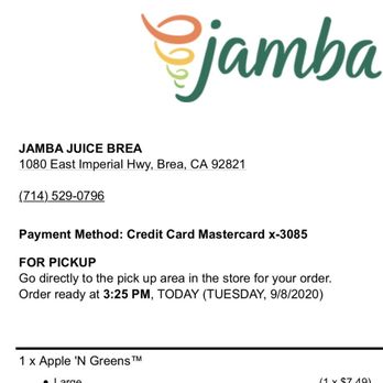 Jamba - Picture of paid receipt - Juice Bars & Smoothies Near Me - Brea, California