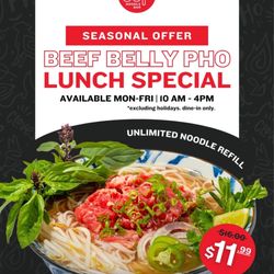 SUP Noodle Bar - Irvine - Our Beef Belly Pho Lunch Special is back! Valid for dine-in only from 10AM to 4PM.