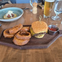 Their smash burger and their famous beer battered onion rings. Their smash burger and their famous beer battered onion rings.