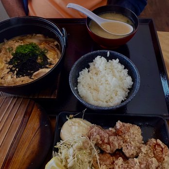 MOA Kitchen - Oyako Donburi, miso soup, and steamed rice with chicken karage in the foreground.  Delicious! - Ramen Near Me - Waimea, Hawaii