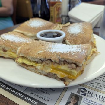 Crazy Toast House - Pancake Quesadilla stuffed with bacon eggs sausage and cheese! Unbelievably yummy! - Burgers Near Me - North Haven, Connecticut Crazy Toast House - Pancake Quesadilla stuffed with bacon eggs sausage and cheese! Unbelievably yummy! - Burgers Near Me - North Haven, Connecticut