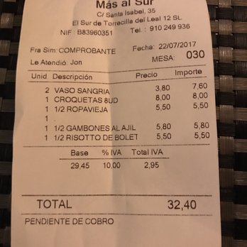 Más Al Sur - Our bill - what an amazing deal! - Spanish Near Me - Madrid, M Más Al Sur - Our bill - what an amazing deal! - Spanish Near Me - Madrid, M