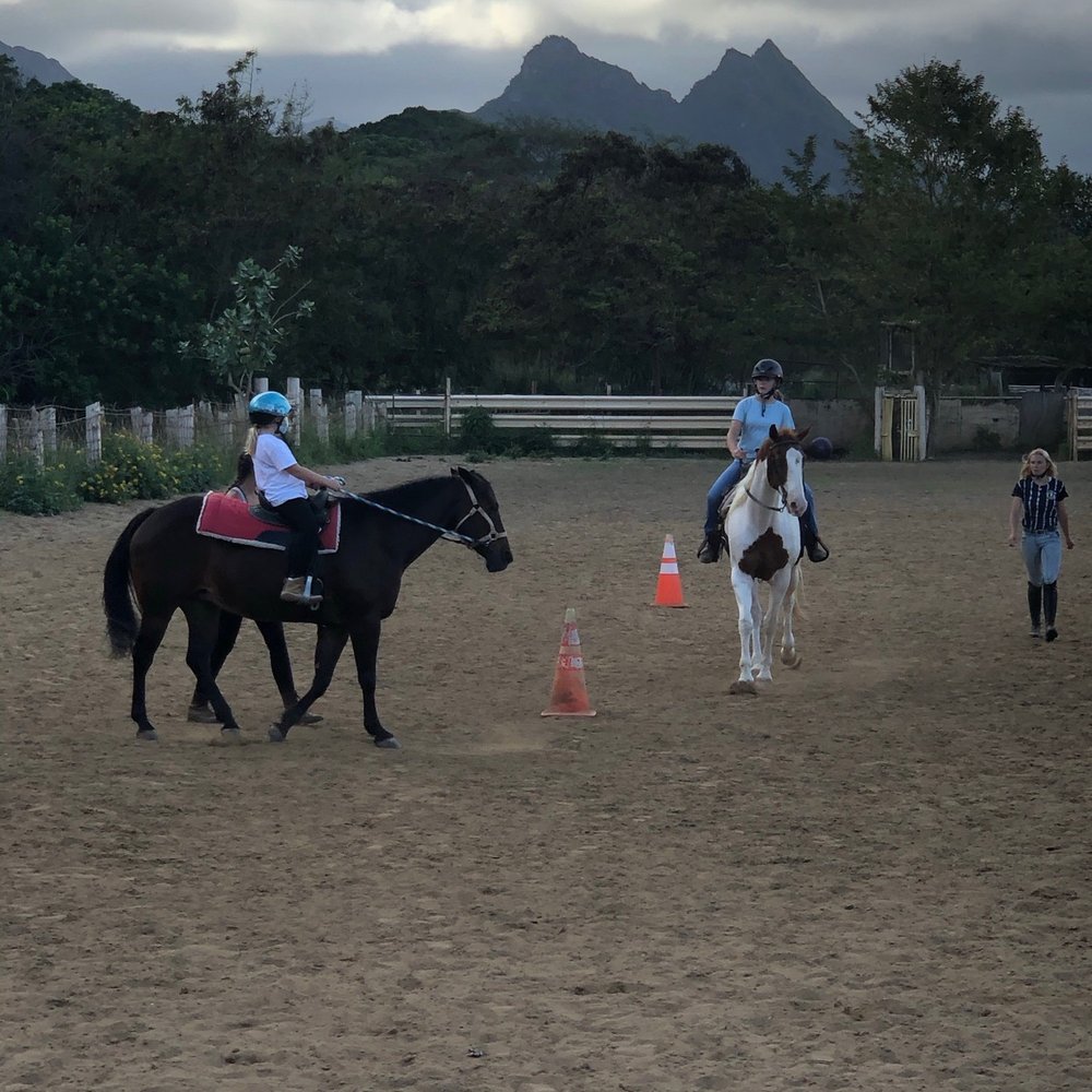 Keana and Kalia learning to ride at Aloha Riding Lessons