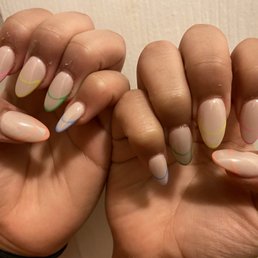 Almond with nude base and neon hollow French manicure