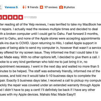 Mac Made Easy - Hilo - Mahalo Vanessa! Sorry Yelp is not displaying your review! - Computers Near Me - Hilo, Hawaii Mac Made Easy - Hilo - Mahalo Vanessa! Sorry Yelp is not displaying your review! - Computers Near Me - Hilo, Hawaii