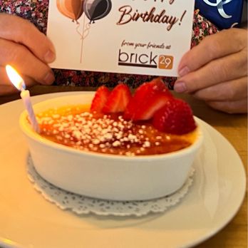 Brick 29 - Birthday Crème Brûlée with strawberries - New American Near Me - Nampa, Idaho Brick 29 - Birthday Crème Brûlée with strawberries - New American Near Me - Nampa, Idaho
