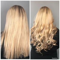Before and after with a Mega Babe hair extension package.