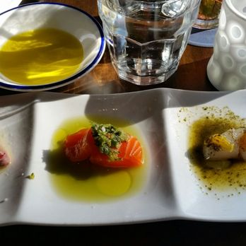 Bar Mezzana - crudo tasting: yellowtail w/? & chili (not spicy), salmon w/salsa verde (meh), scallop w/tangerine & nori (yum). - Italian Near Me - Boston, Massachusetts Bar Mezzana - crudo tasting: yellowtail w/? & chili (not spicy), salmon w/salsa verde (meh), scallop w/tangerine & nori (yum). - Italian Near Me - Boston, Massachusetts