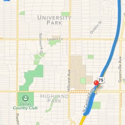 The route from J's Tailor to The Highland in Dallas (13 minutes apparently)