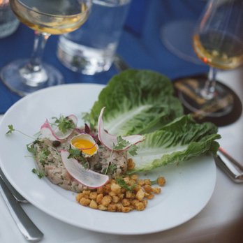 Real Boy Kitchen - Veal Tartare with Quail Egg, Croutons, and Gem Lettuce - Caterers Near Me Real Boy Kitchen - Veal Tartare with Quail Egg, Croutons, and Gem Lettuce - Caterers Near Me