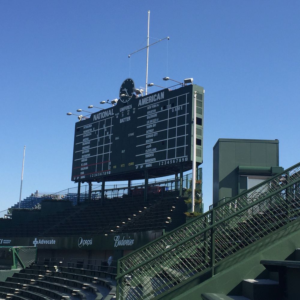 Wrigley Field Tours - The manual scoreboard and famous flagpole that hoists the W (and L) flags. - Tours Near Me - Chicago, Illinois Wrigley Field Tours - The manual scoreboard and famous flagpole that hoists the W (and L) flags. - Tours Near Me - Chicago, Illinois