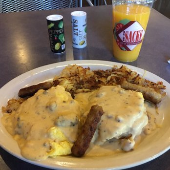 Sacks Sandwiches - Hardy - Scrambled eggs with gravy and biscuits, hash browns, and sausages - Sandwiches Near Me - Tempe, Arizona Sacks Sandwiches - Hardy - Scrambled eggs with gravy and biscuits, hash browns, and sausages - Sandwiches Near Me - Tempe, Arizona