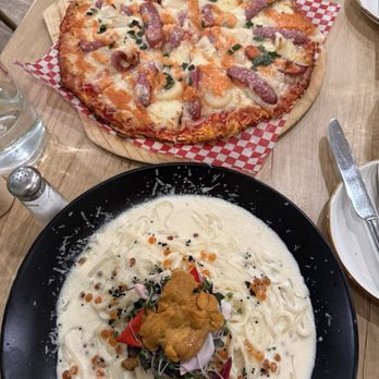 La Casa Mia - Mentaiko pizza (top) Uni udon (bottom) - Italian Near Me - Milpitas, California La Casa Mia - Mentaiko pizza (top) Uni udon (bottom) - Italian Near Me - Milpitas, California