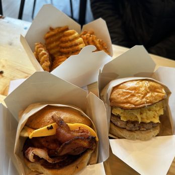 Egghead Sando Cafe - The B.E.C. Sandwich (good), the Ultimate Sando (mid with sausage), Waffle Fries (way overcooked for us). - Breakfast & Brunch Near Me - San Jose, California Egghead Sando Cafe - The B.E.C. Sandwich (good), the Ultimate Sando (mid with sausage), Waffle Fries (way overcooked for us). - Breakfast & Brunch Near Me - San Jose, California