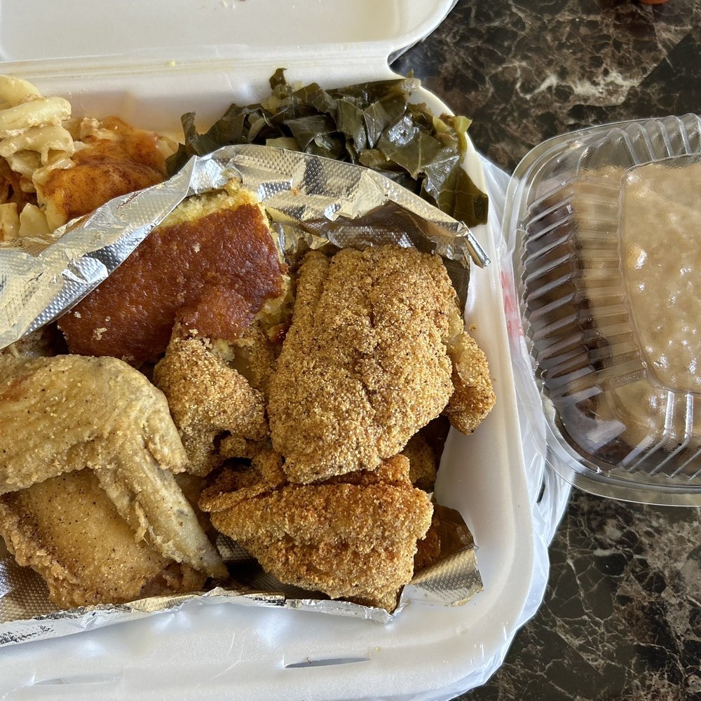 Doll's Kitchen - 2 Meat Fish/Chicken Dinner German Chocolate Cake Greens Mixed with Cabbage Mac & Cheese Cornbread - Soul Food Near Me - Fresno, California Doll's Kitchen - 2 Meat Fish/Chicken Dinner German Chocolate Cake Greens Mixed with Cabbage Mac & Cheese Cornbread - Soul Food Near Me - Fresno, California