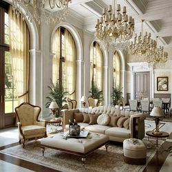 Glamour Decorating - Custom made traditional living room setting with arched sheer draperies in Upper Saddle River, NJ 07458