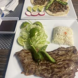 Carne Asada platter and steak tacos.