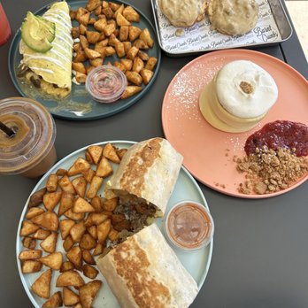 Burnt Crumbs - Carne asada omelette, breakfast burrito with carne asada, berry compote and vanilla cream soufflé pancakes, and buttermilk biscuits - New American Near Me - Irvine, California